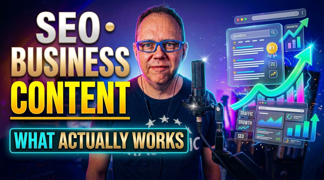 SEO, business and content strategy YouTube thumbnail with analytics and growth graphics